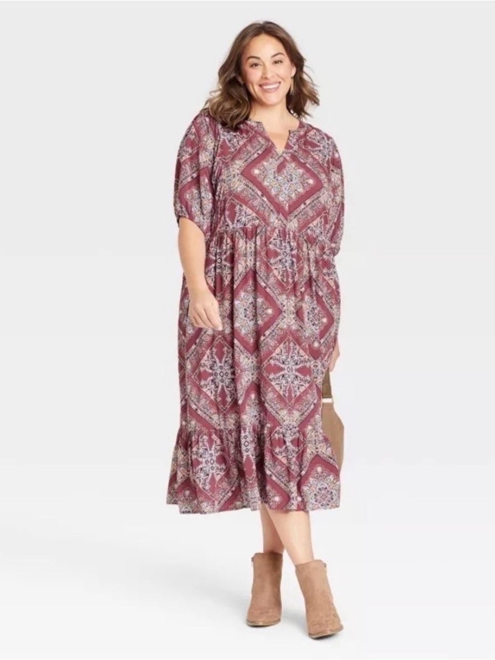 Knox Rose Dusty Pink/Mauve Paisley-Print Short Sleeve Midi Dress w Pockets